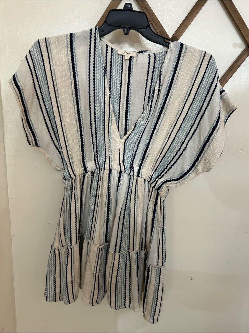 Elan Cream and Navy Striped Casual Mini Dress